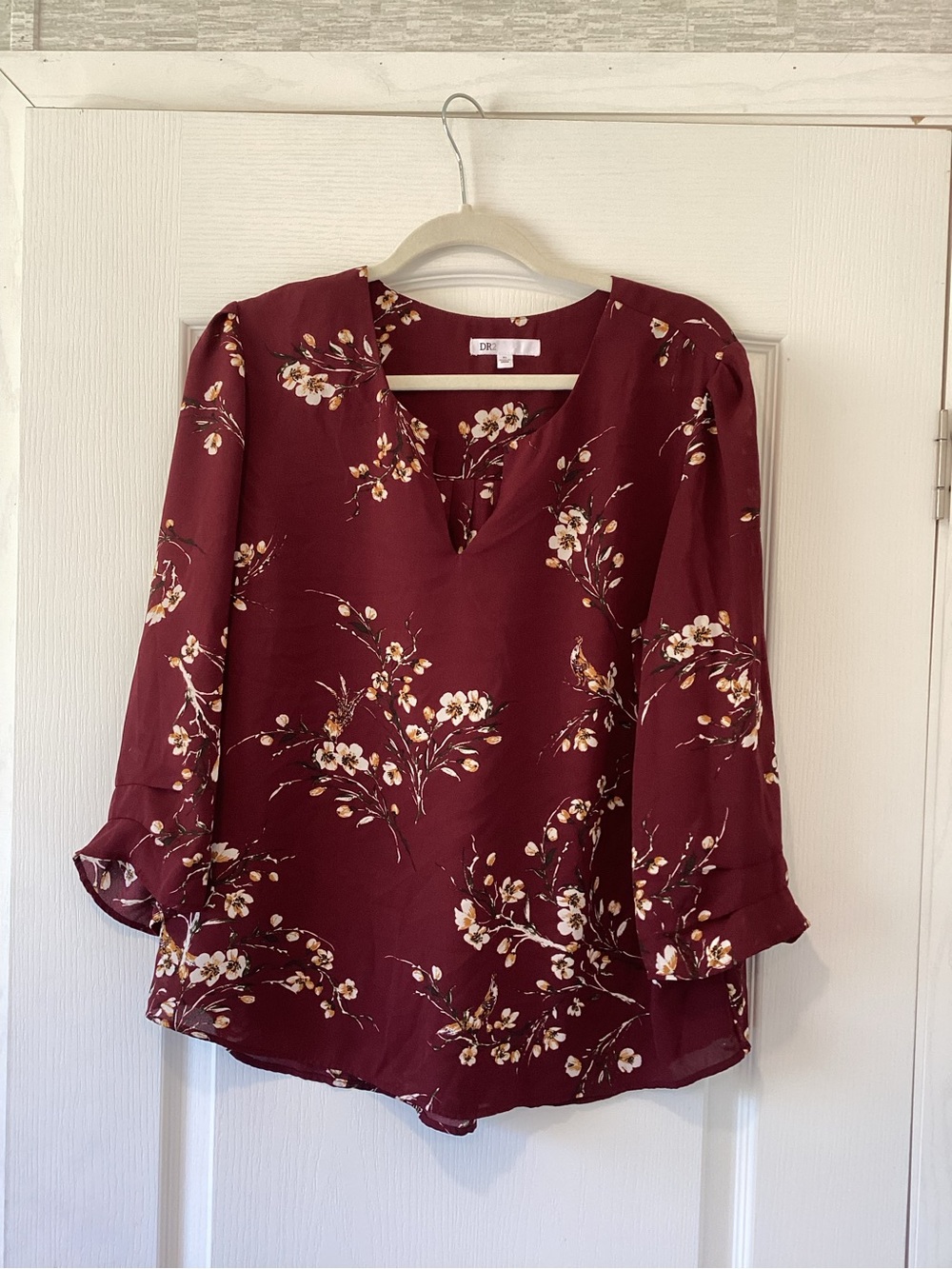 DR2 Burgundy Floral V-Neck Blouse XL EUC